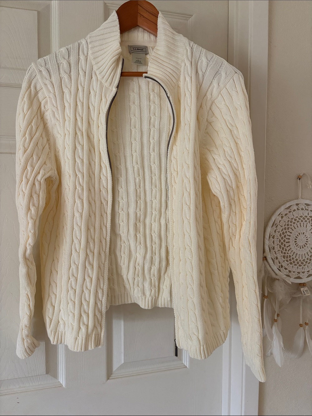 LL Bean Ivory Mock Neck Full Zip Cable Cotton Cardigan Sweater Size LARGE